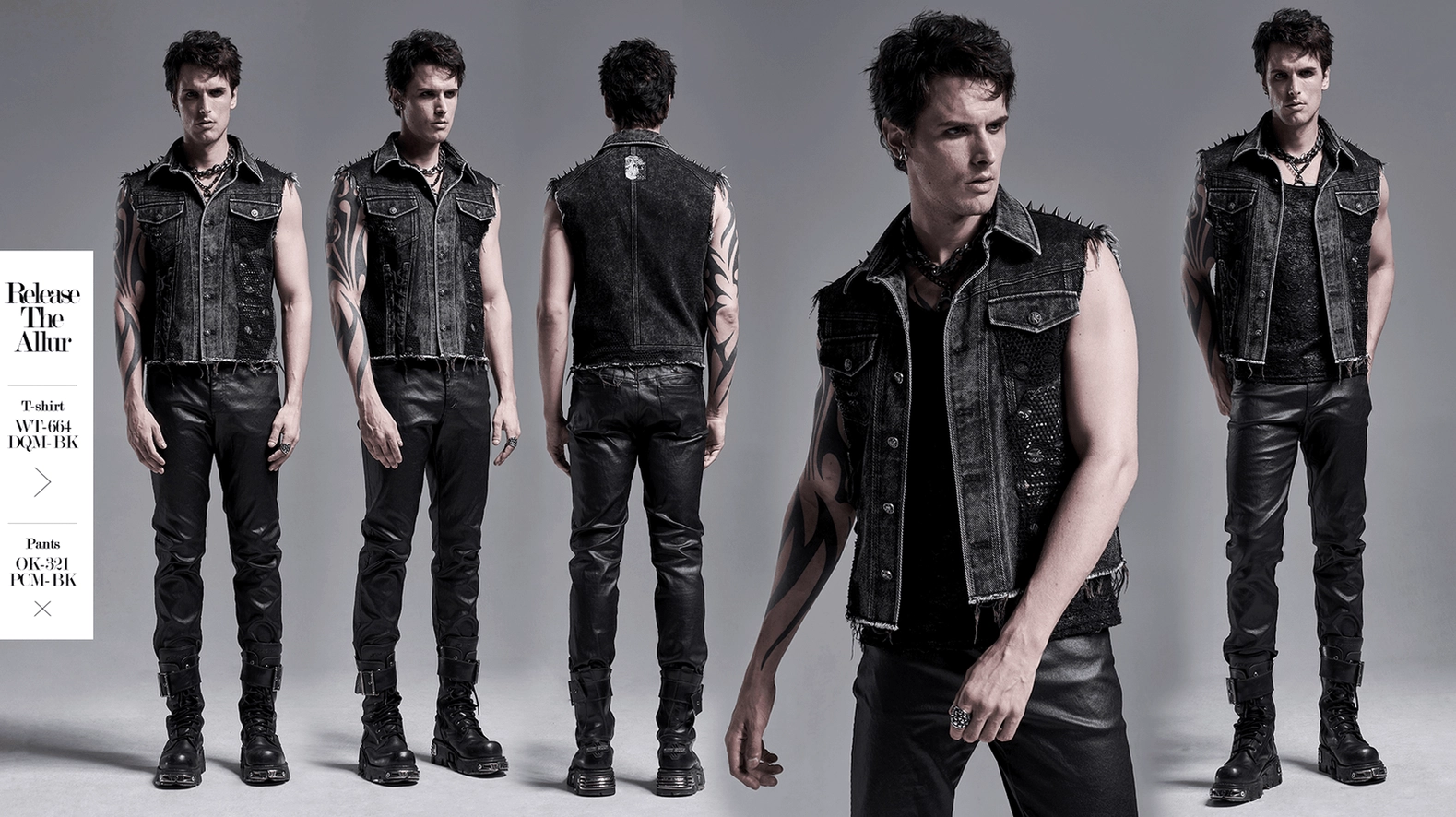 Black gothic denim vest hem and distressed edge detail - showing acid-wash technique and frayed craftsmanship