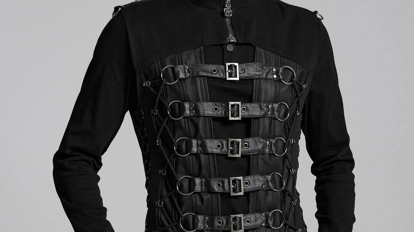 Black gothic buckle corset vest highlighting industrial aesthetic metal D-rings and tactical design elements