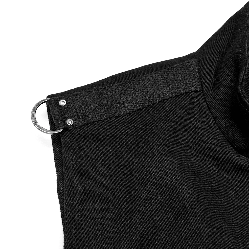 Close-up of gothic vest lace-up back showing braided black cords metal eyelets and tied tassel ends