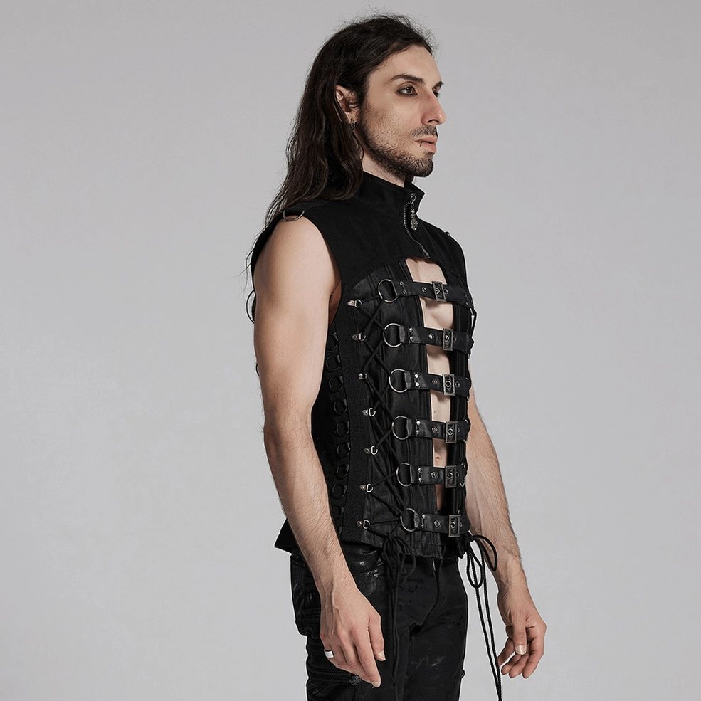 Black gothic vest detail view showing mesh paneling cutout design and buckle strap arrangement