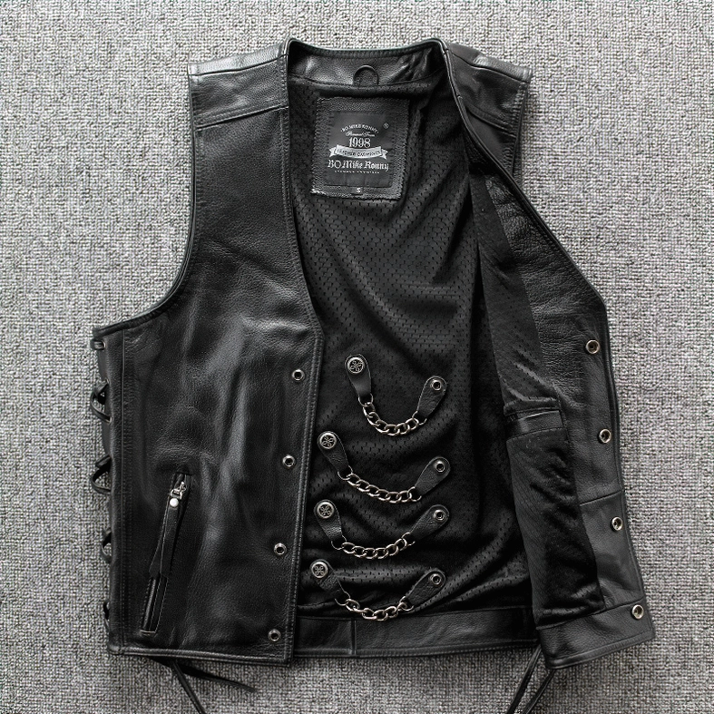 Gothic black leather vest with metal chain snap embellishment and side lace adjuster