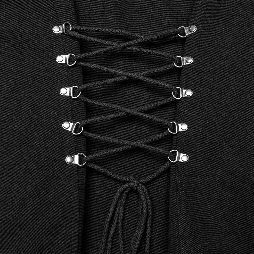 Black gothic buckle corset vest full body front view on male model with long hair in studio