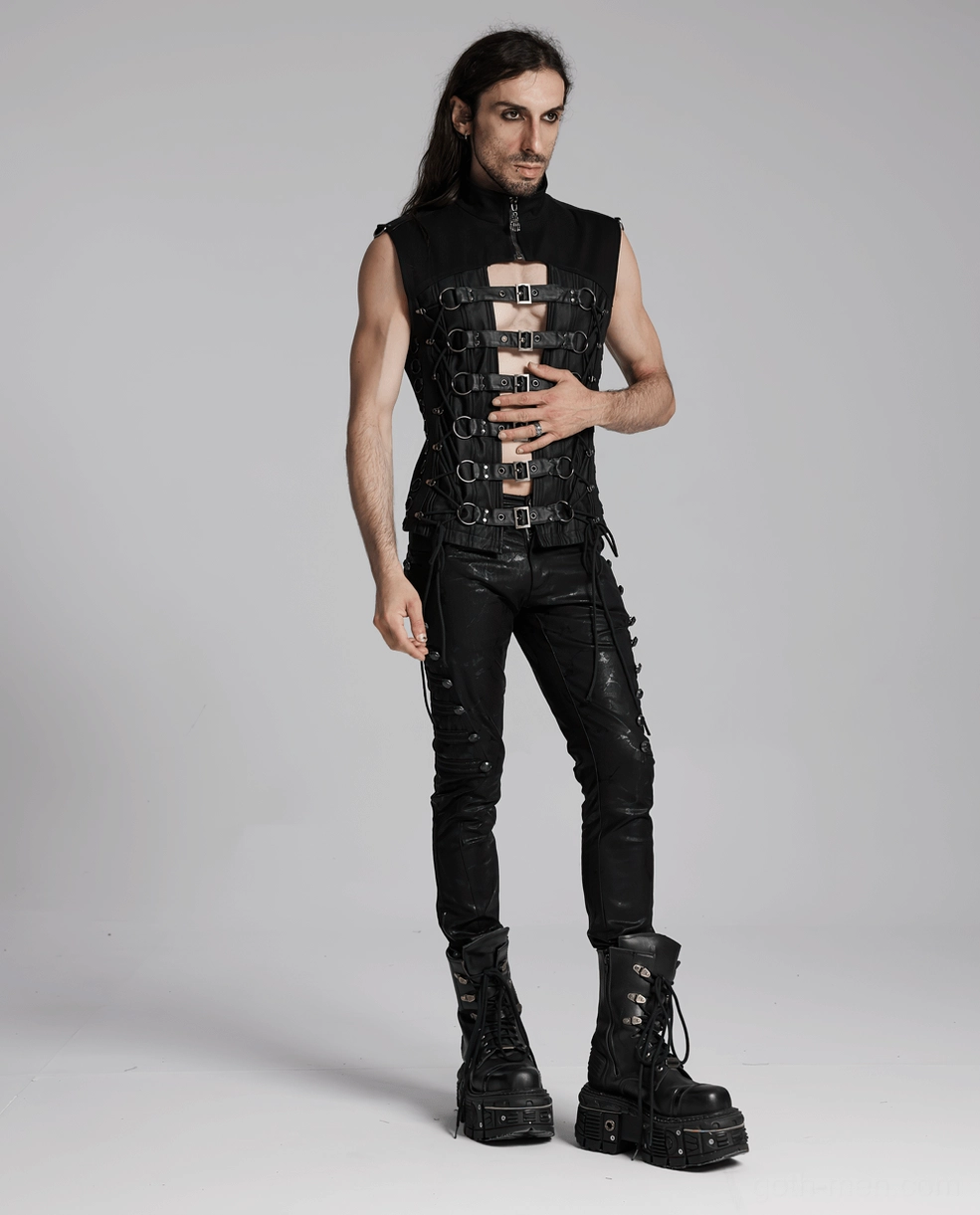 Black gothic buckle vest side profile on model displaying sleeveless cut and metal ring placement