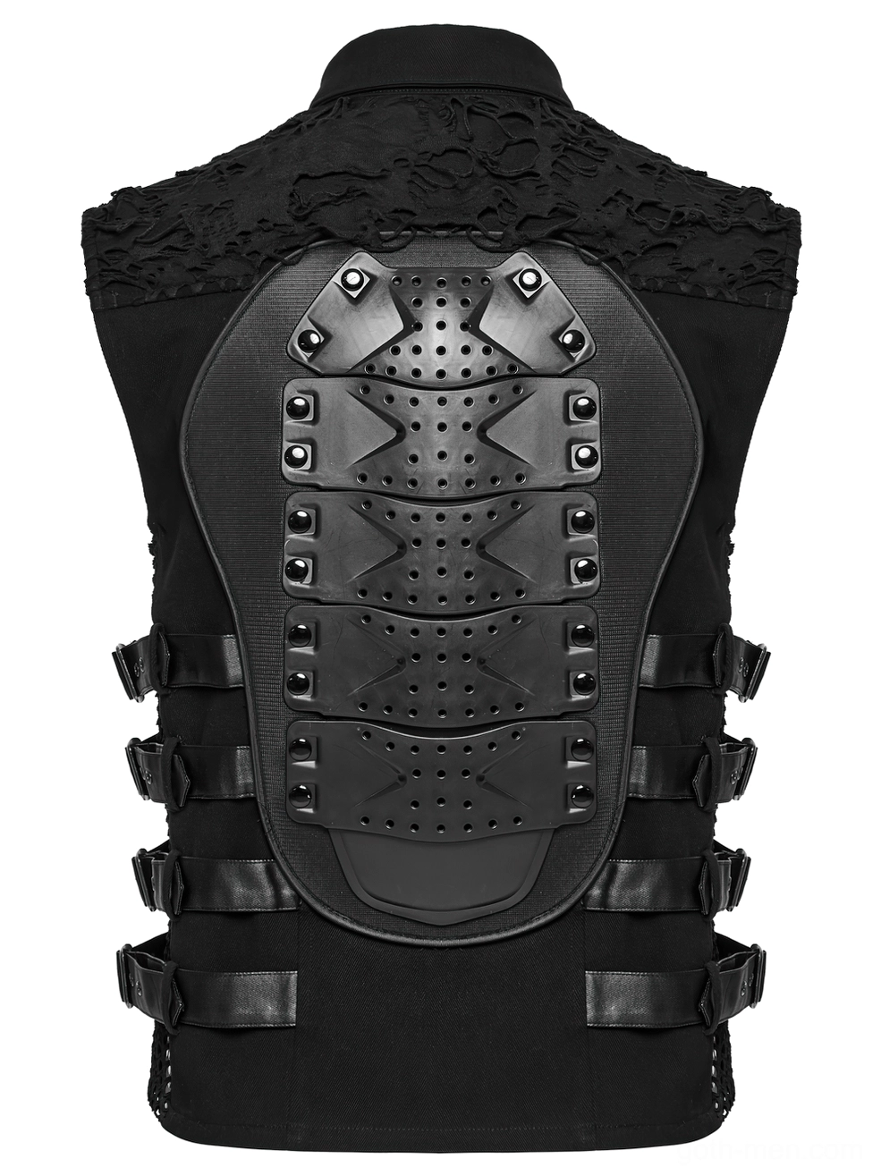 Rear flat lay of cyberpunk gothic vest - protective armor plate center back, distressed fabric sections, and leather side strap hardware