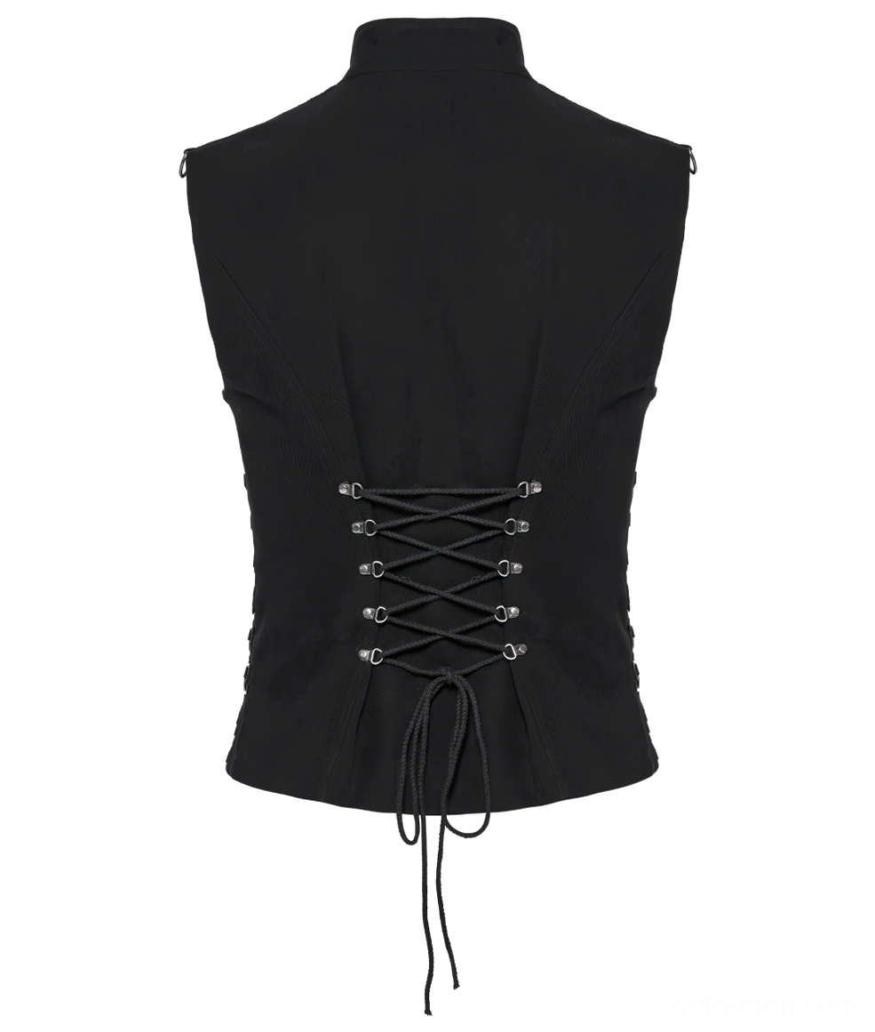 Black gothic vest rear flat lay showing corset-style lace-up closure with braided cord tassel details