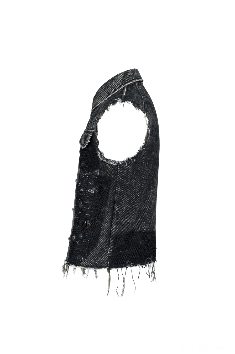 Black gothic denim vest side panel detail - showing frayed armhole edge and acid-washed denim finish