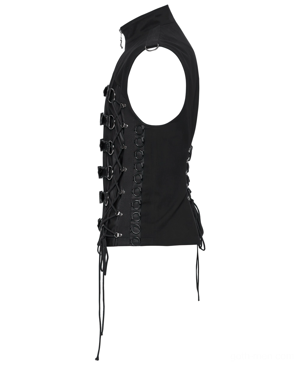 Black gothic sleeveless vest side view highlighting metal D-rings along side seam on woven fabric