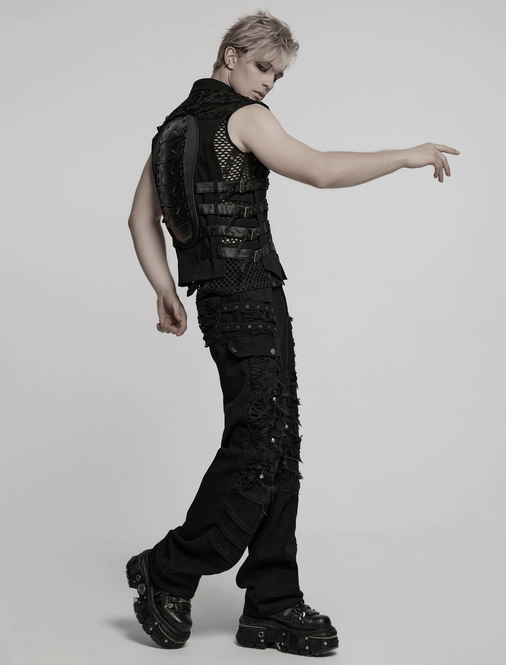 Cyberpunk gothic vest technical detail - complete hardware assembly, metal accents, buckle mechanisms, and strap construction overview