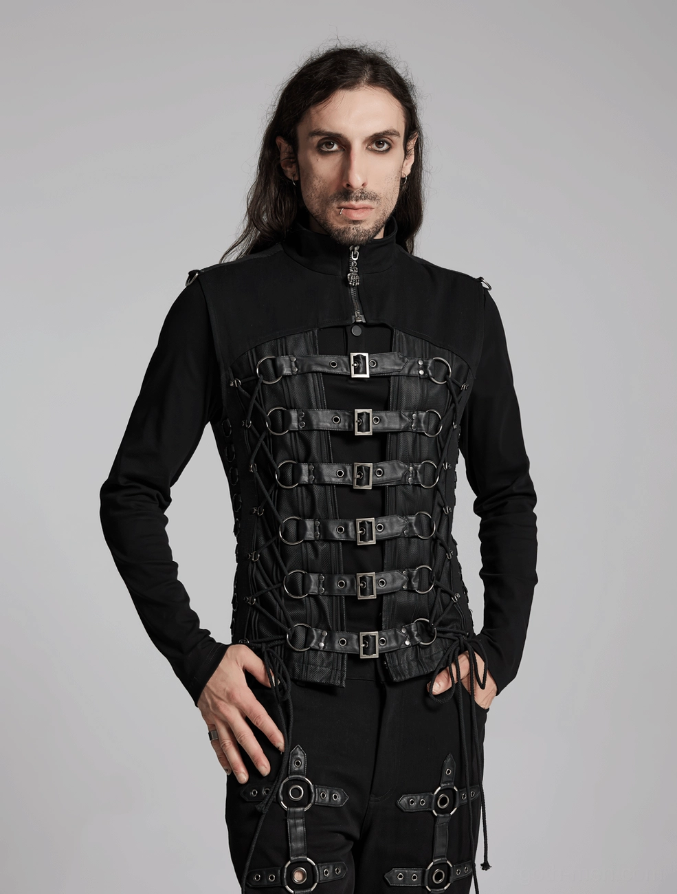 Black gothic corset vest texture detail showing woven twill fabric composition and mesh integration