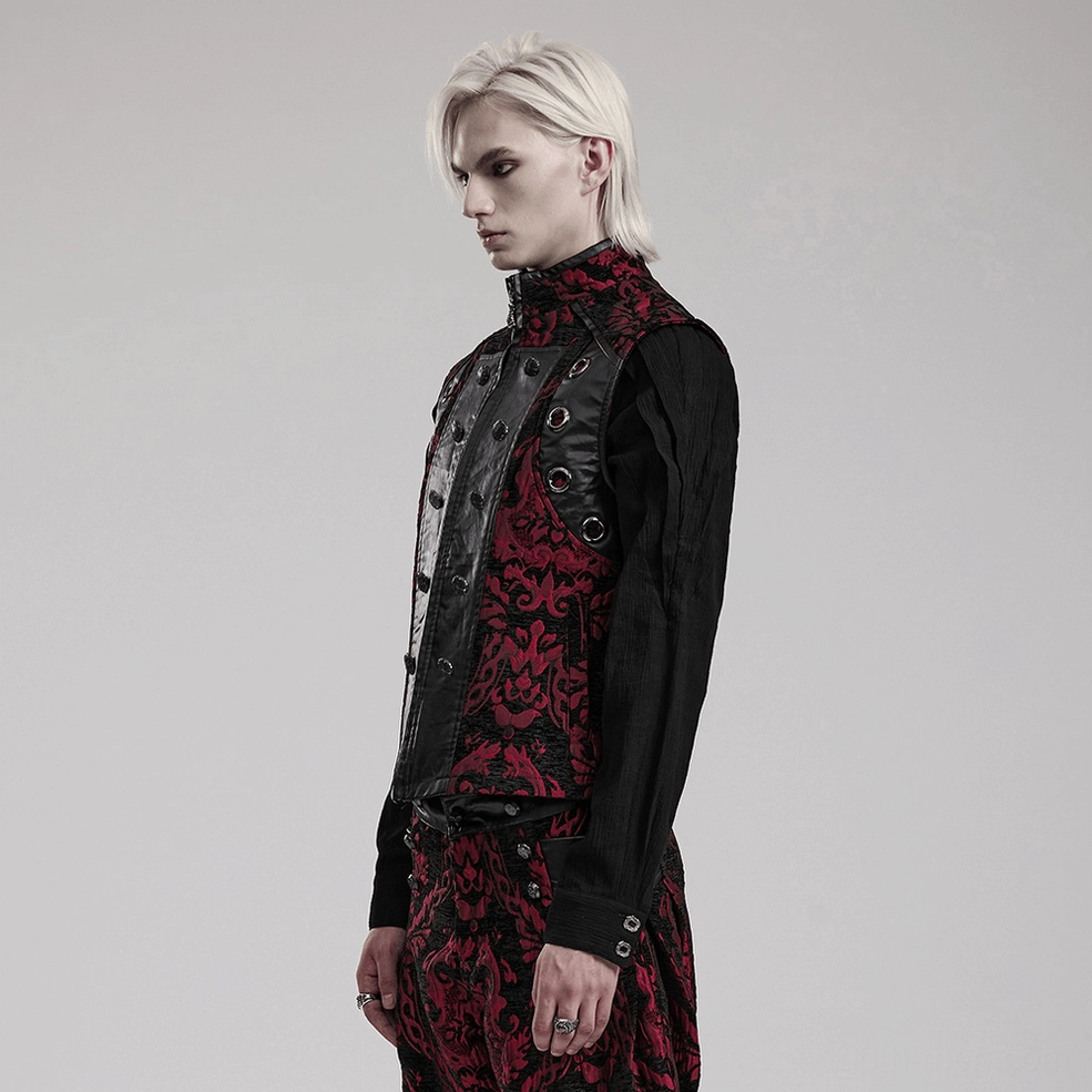 Gothic Victorian waistcoat overall view on platinum blonde male model, showing complete silhouette with stand collar, broad shoulders, damask pattern, and metal decorative elements