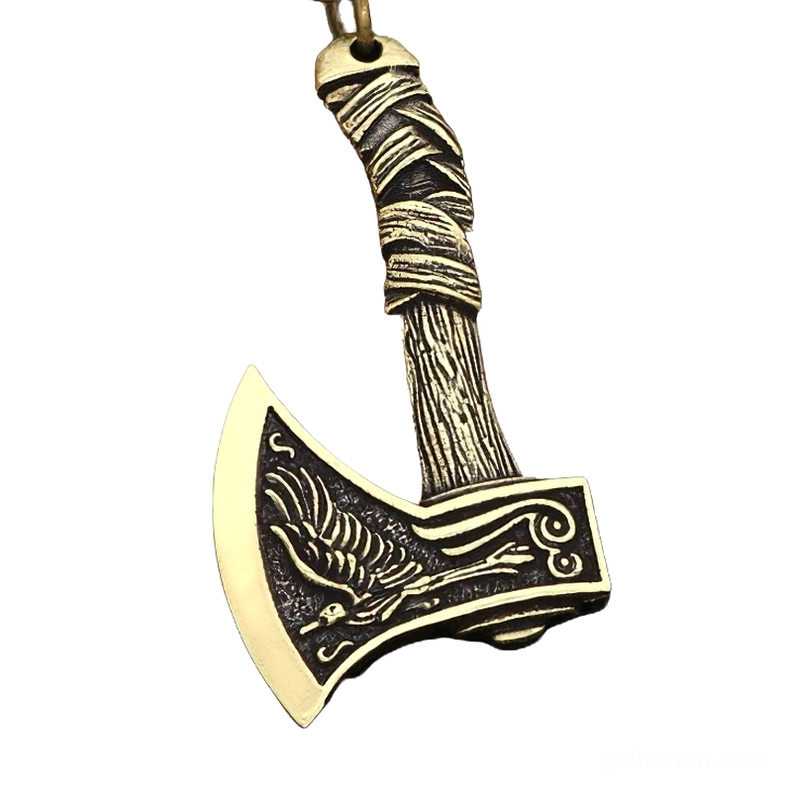 Antique bronze and gold Viking axe pendant with raven engraving and wooden-style wrapped handle, right oblique perspective