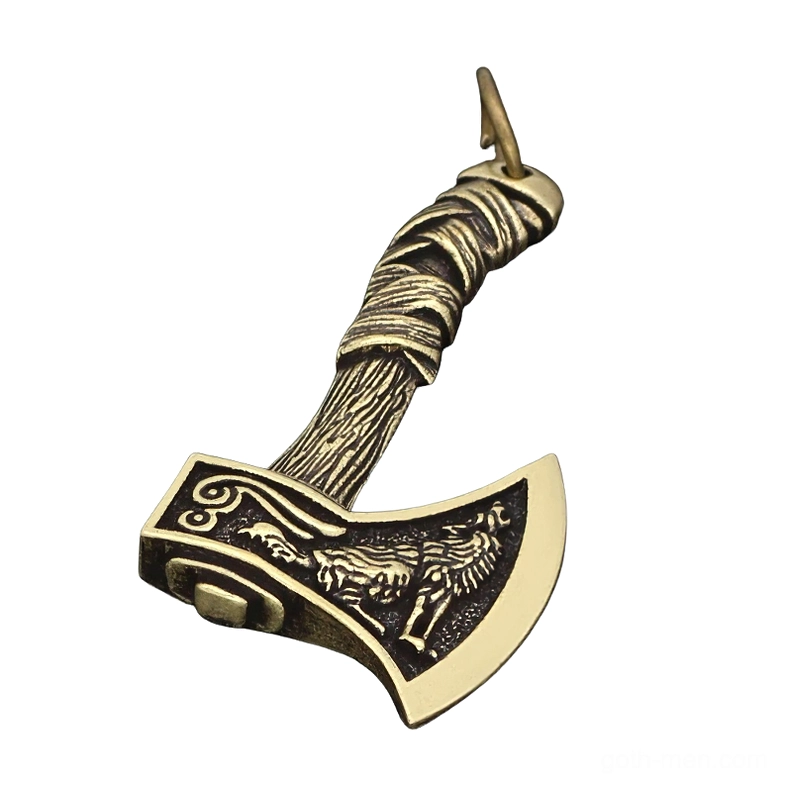 Antique bronze gothic Viking axe pendant featuring wolf engraving and wrapped handle design, detailed side angle view