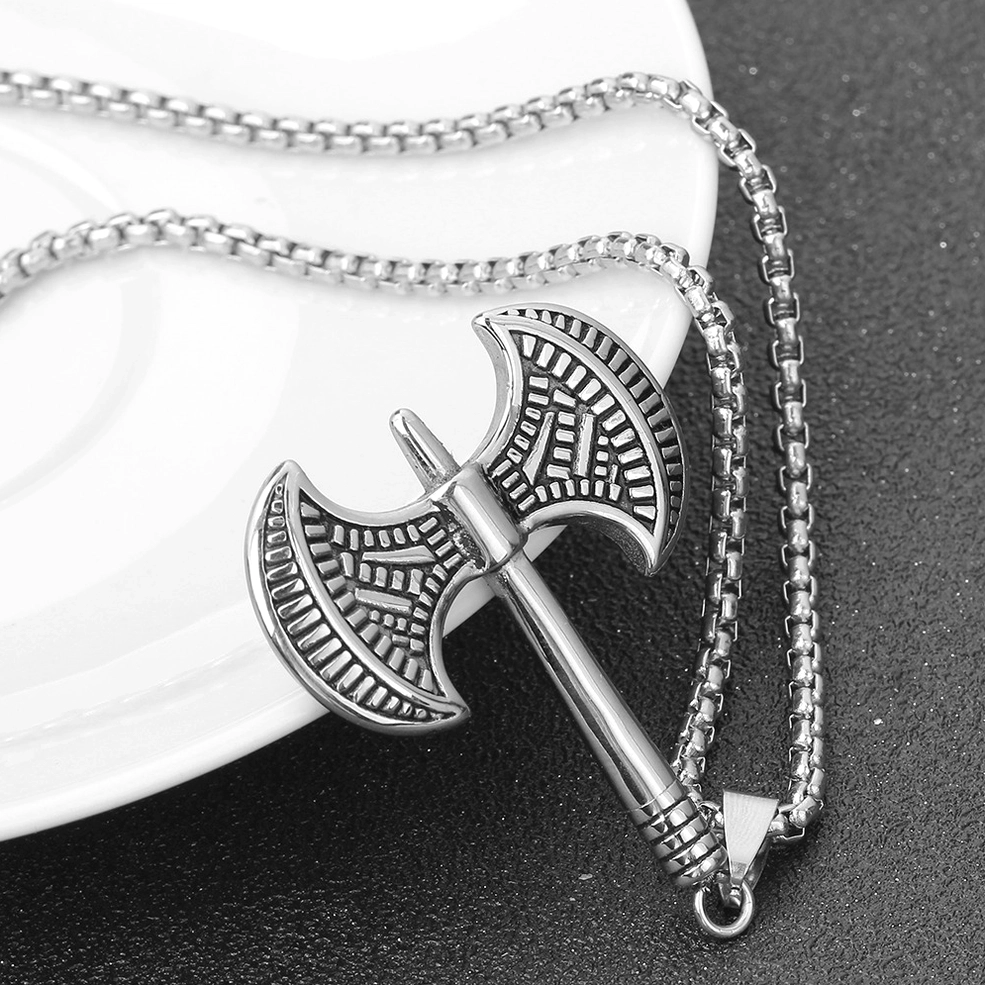 Gothic Viking tomahawk pendant necklace worn styling alternative fashion dark aesthetic