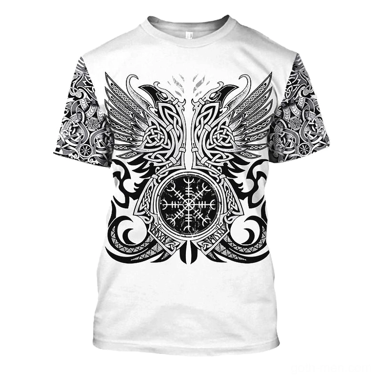 Norse Raven Celtic Helm of Awe Gothic Viking graphic t-shirt with 3D printed sleeve tattoo design, front view on white background