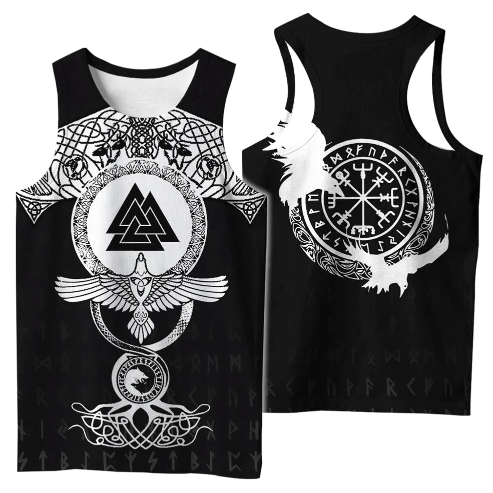 Black gothic Viking sleeveless tank top with 3D printed Valknut, raven, and rune symbols - front view