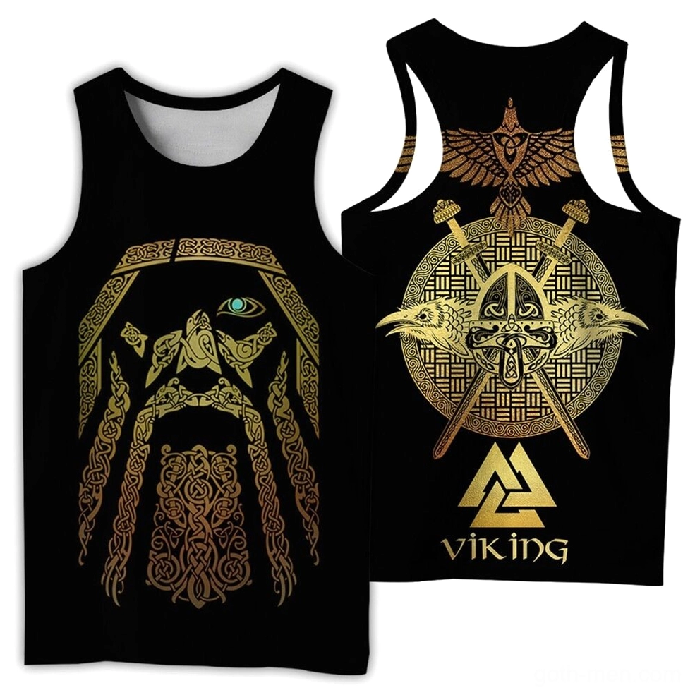 Black gothic Viking sleeveless tank top with gold Odin face print and Celtic knot patterns, front and back view on white background