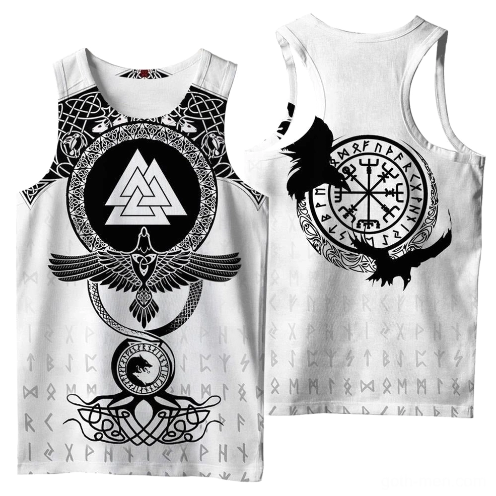White gothic Viking sleeveless tank top with 3D printed Vegvisir compass and ancient rune designs - back view