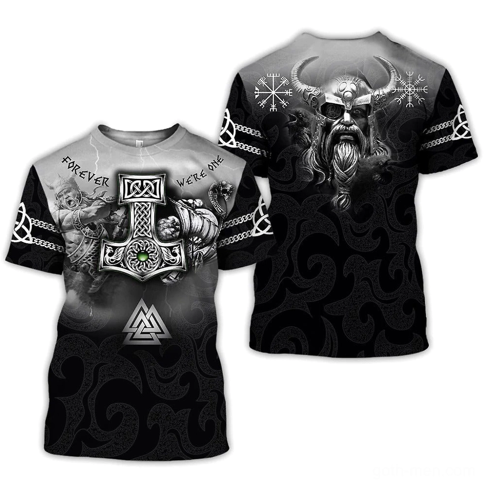 Black viking t-shirt back view featuring Odin runes and Norse mythology symbols in 3D print design