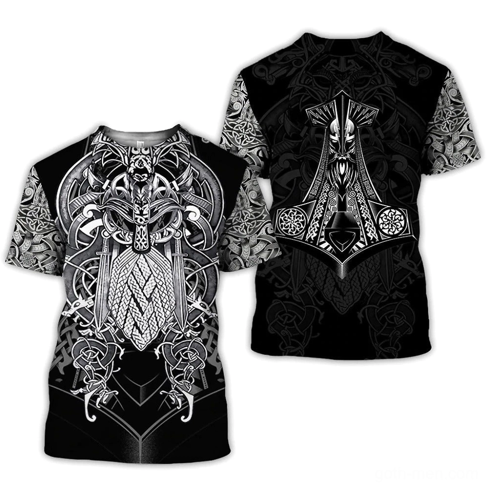 Black gothic Viking t-shirt back view featuring silver Mjolnir hammer Norse mythology print