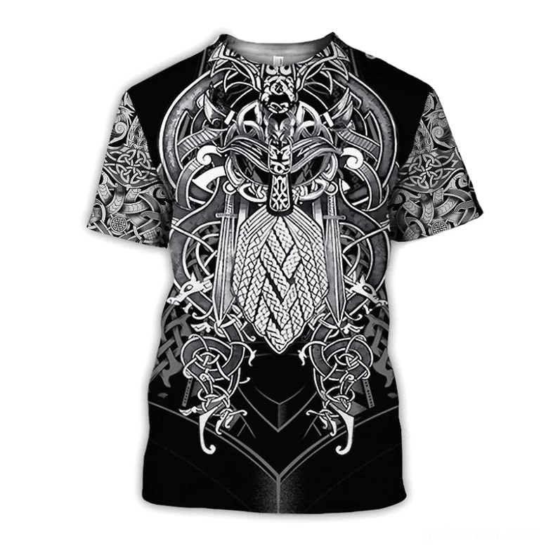 Gothic black Viking t-shirt front view with silver Norse warrior knot print design on chest