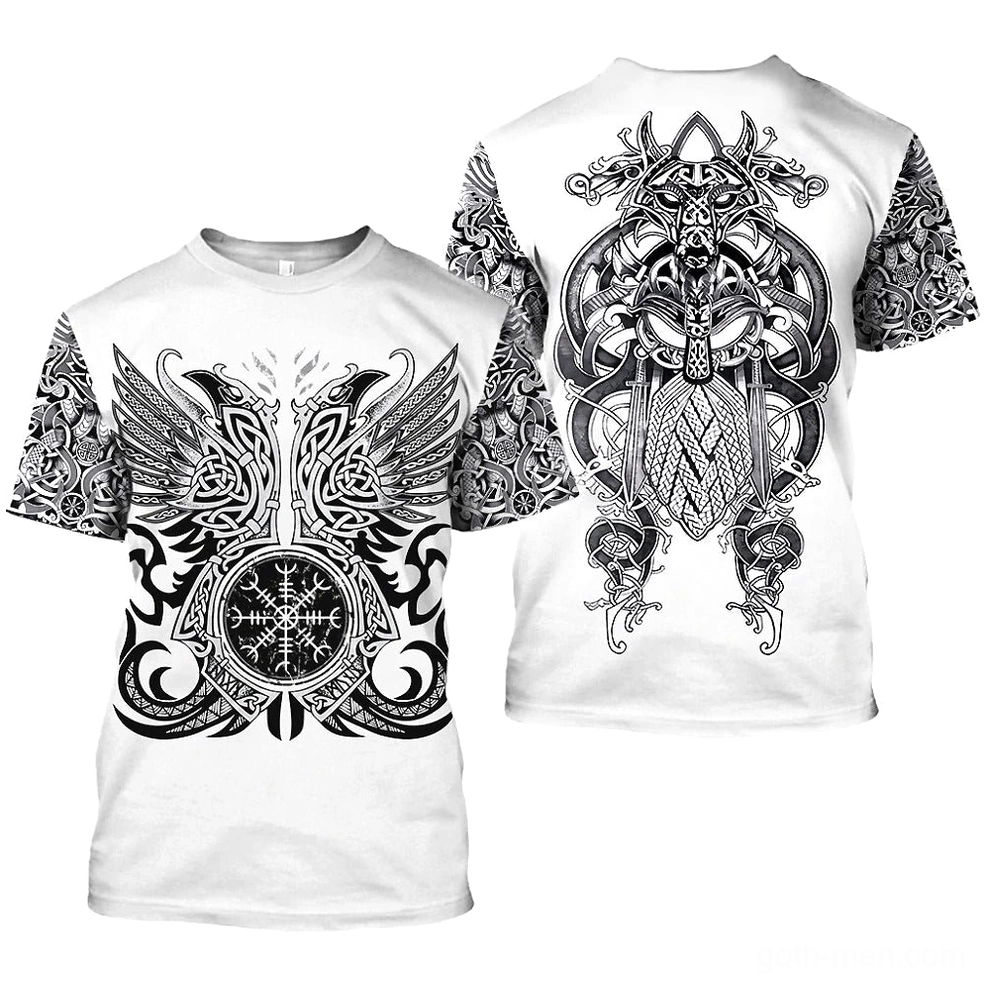 Gothic Viking t-shirt featuring intricate Norse warrior back print with Celtic sleeve patterns, rear view flat lay