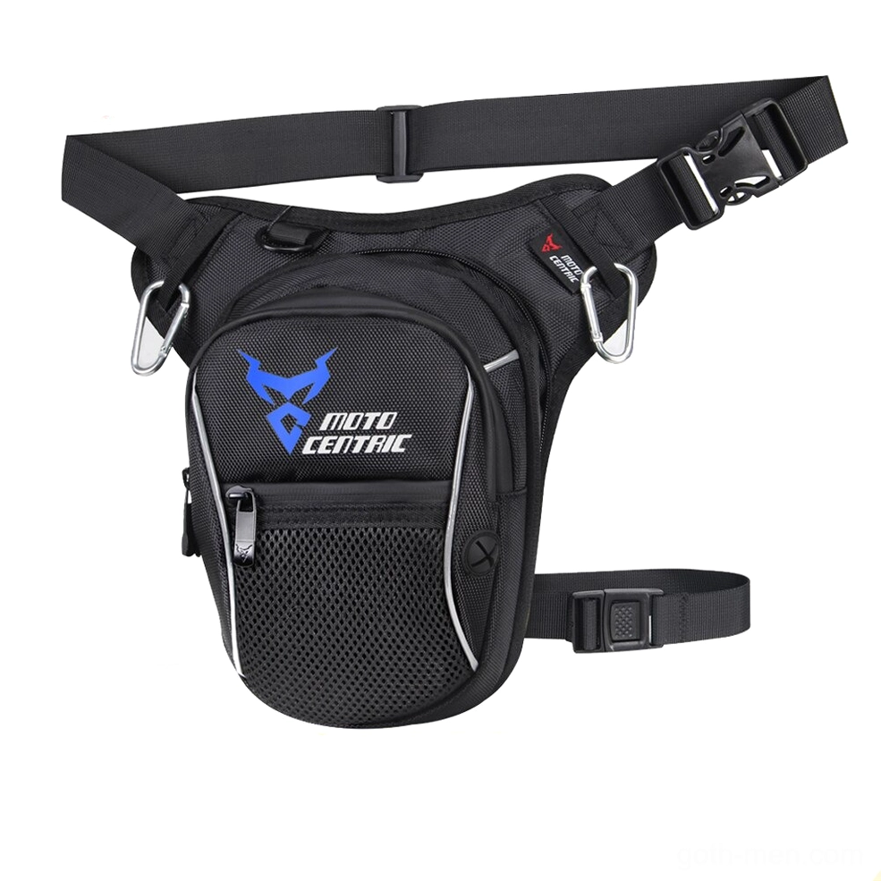Dark industrial-style thigh bag with blue logo accents, featuring mesh front pocket and metal carabiners for cyberpunk fashion