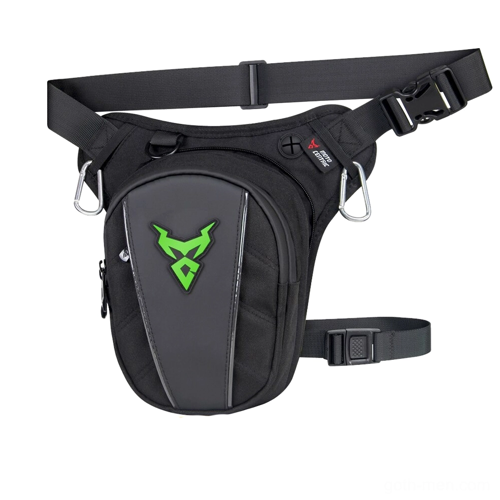 Gothic industrial leg bag in black with green devil branding, no mesh pocket, adjustable straps and metal carabiners for dark streetwear