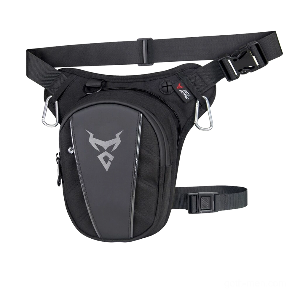 Dark fashion motorcycle waist pack in black with grey devil branding, smooth front panel and adjustable belt with carabiners