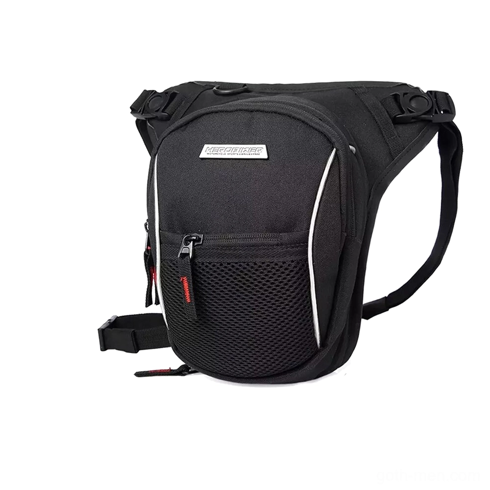 Dark fashion gothic leg waist bag in pure black, featuring metal carabiners and adjustable strap system for urban utility