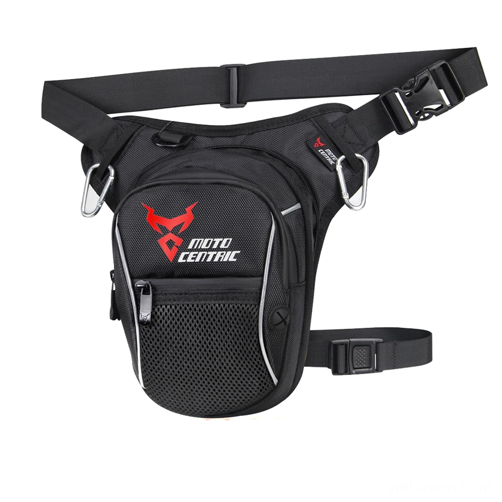 Black motorcycle fanny pack with red devil-style gothic logo, featuring mesh front pocket and metal clips for dark fashion