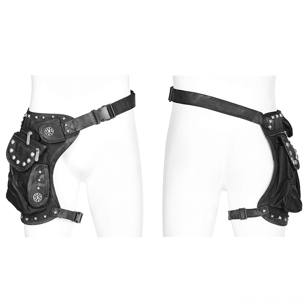 Black gothic waist bag displayed on two mannequins showing front and side perspectives, adjustable webbing straps with studded accents visible