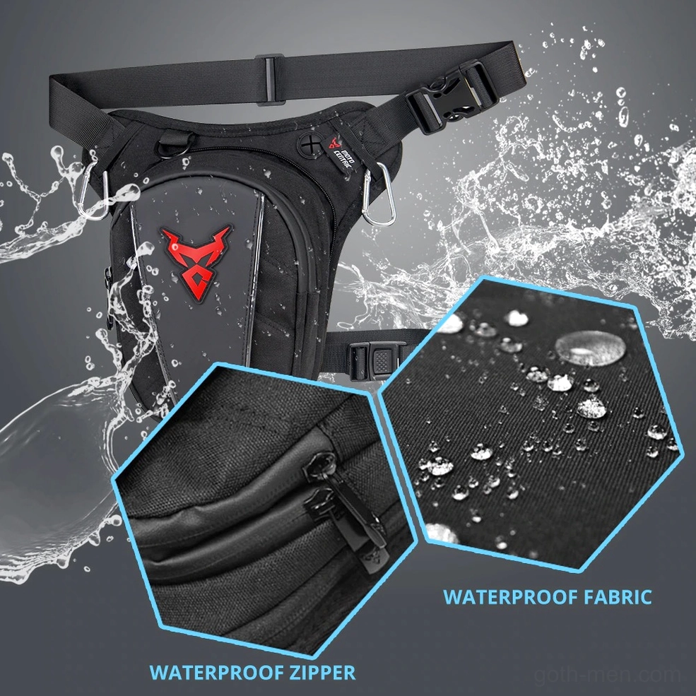 Alternative fashion gothic leg waist bag with industrial aesthetic, metal attachment points and weather-resistant construction