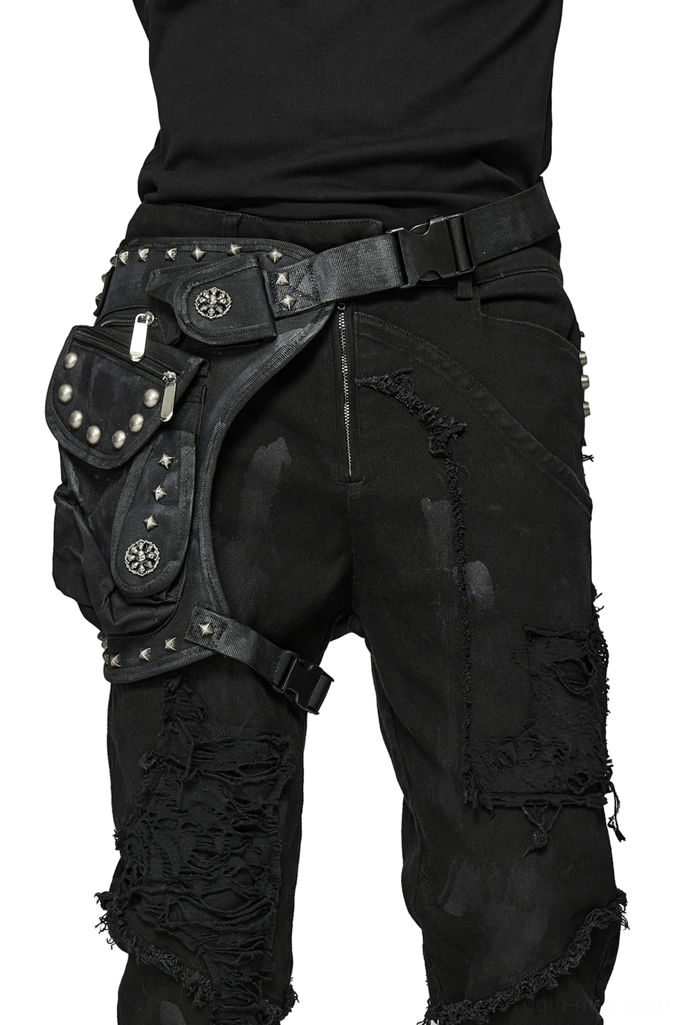 Black gothic tactical waist bag with metal studs worn on male model, side view showcasing adjustable webbing straps and rivet detailing