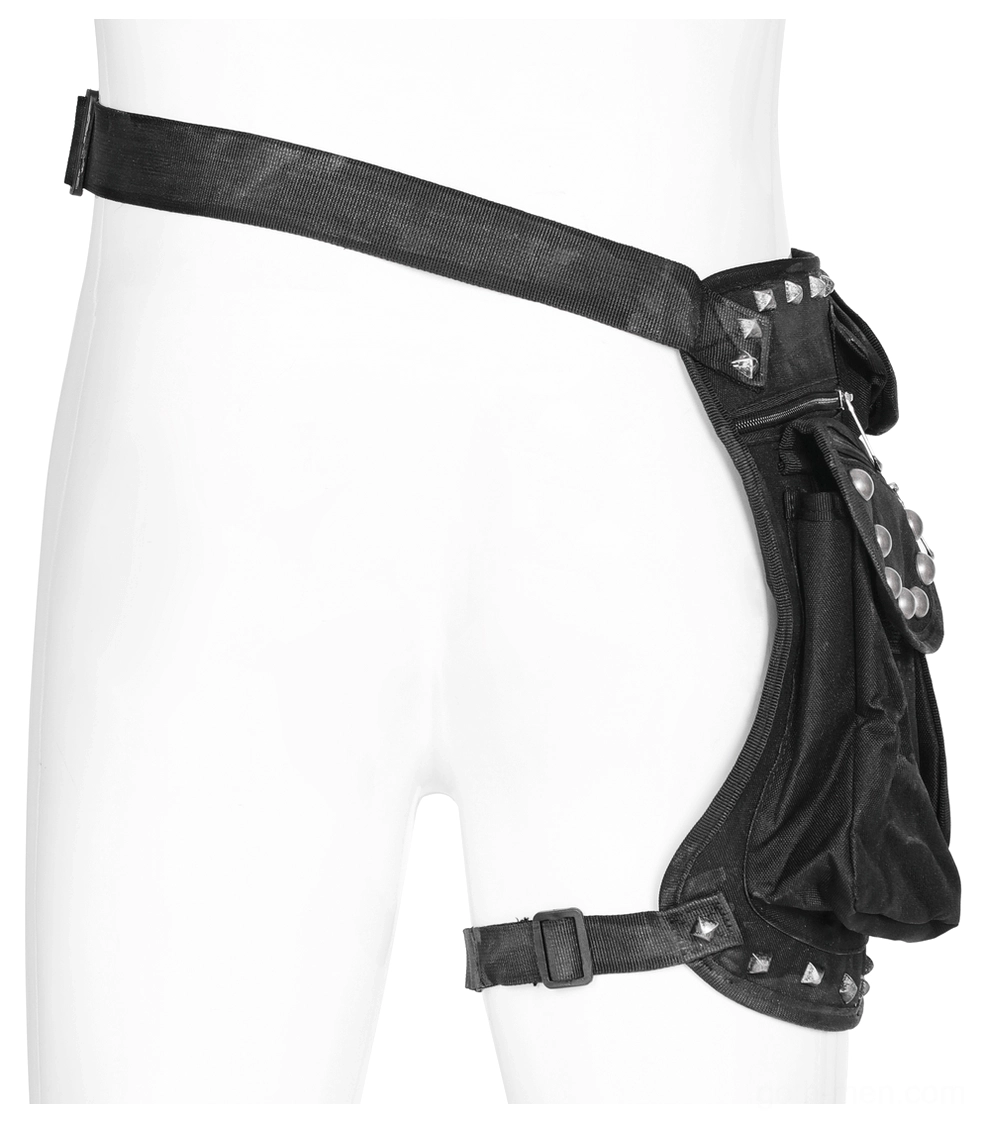 Black gothic waist bag on mannequin side profile view with large side pouch and adjustable webbing strap system