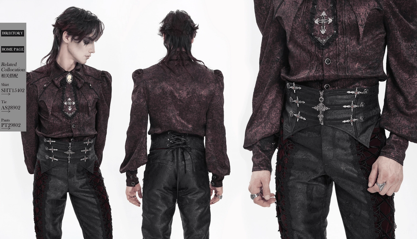 Angled side view of black brocade gothic corset highlighting asymmetrical hem and lace-up back construction