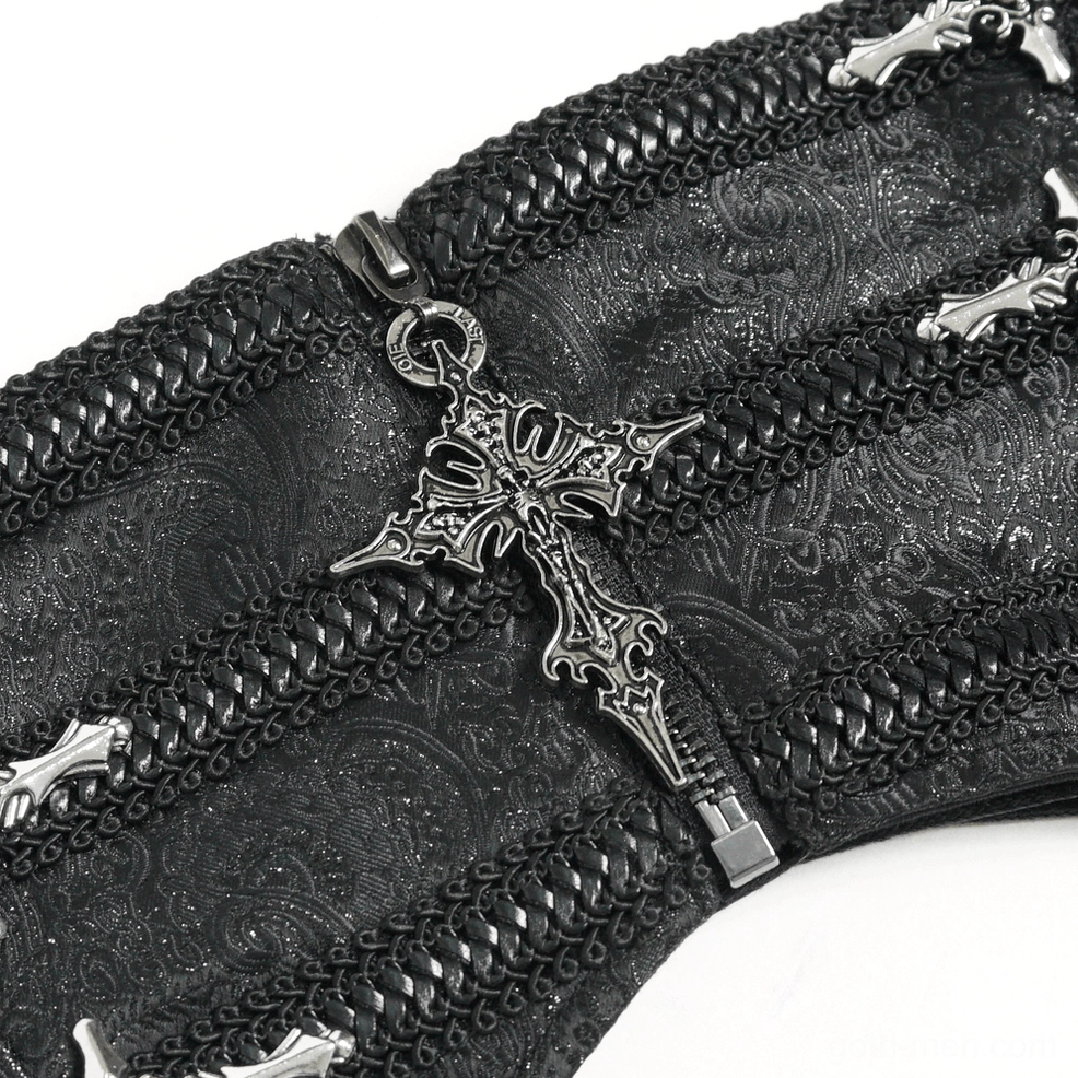 Detail shot of black brocade gothic waist corset back lacing system with textured faux leather material