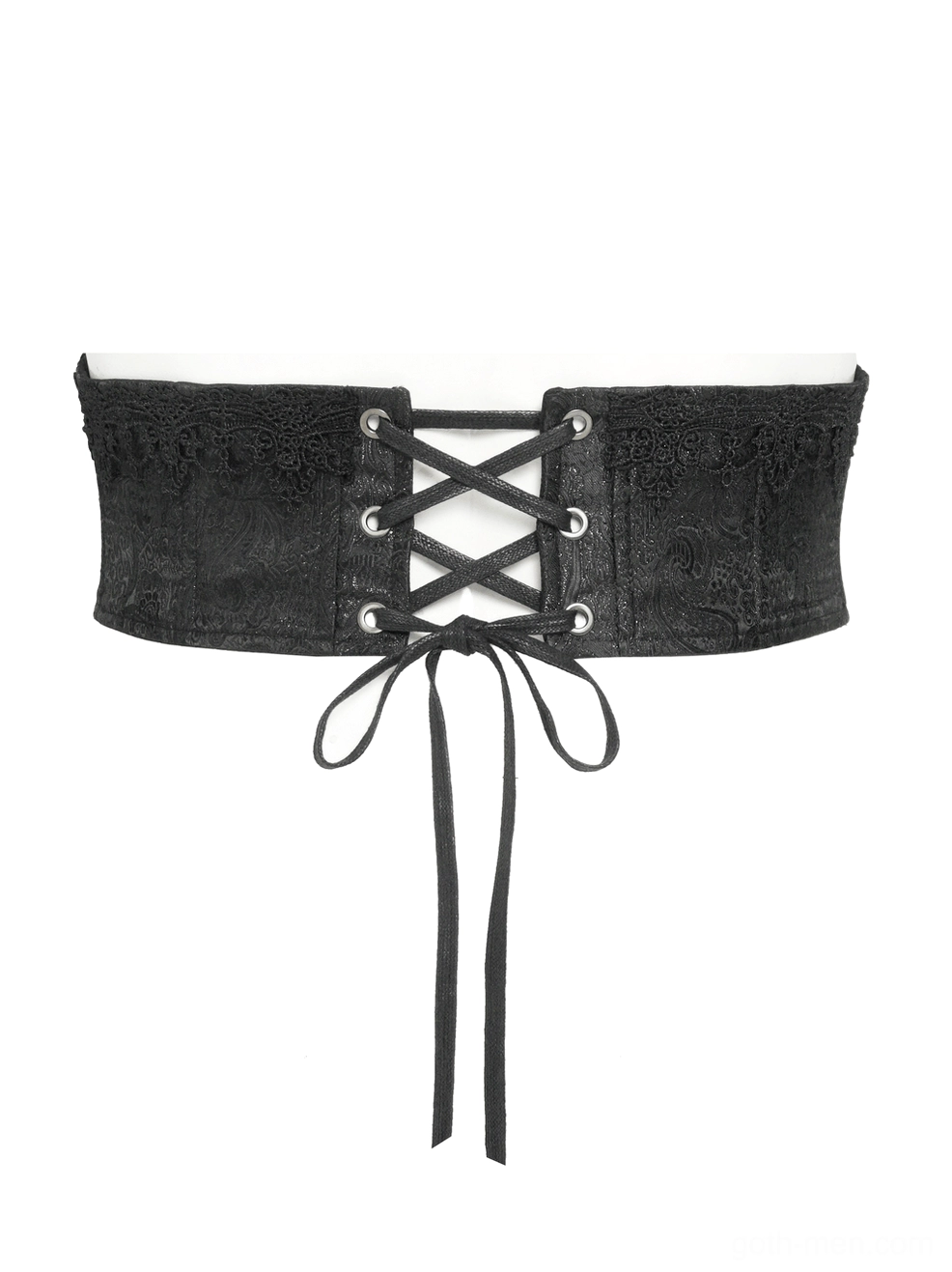 Front flat lay of black brocade gothic corset with drawstring lace-up front closure and ornamental lace edges