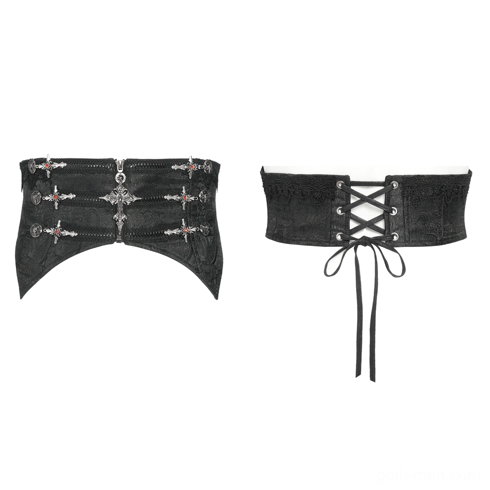 Flat lay comparison of two gothic waist corsets, one with ornate silver cross decorations and one with minimalist lace-up front on white background