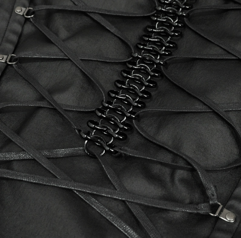 Rear close-up of gothic waistcoat back lace-up system with central chain trim detail