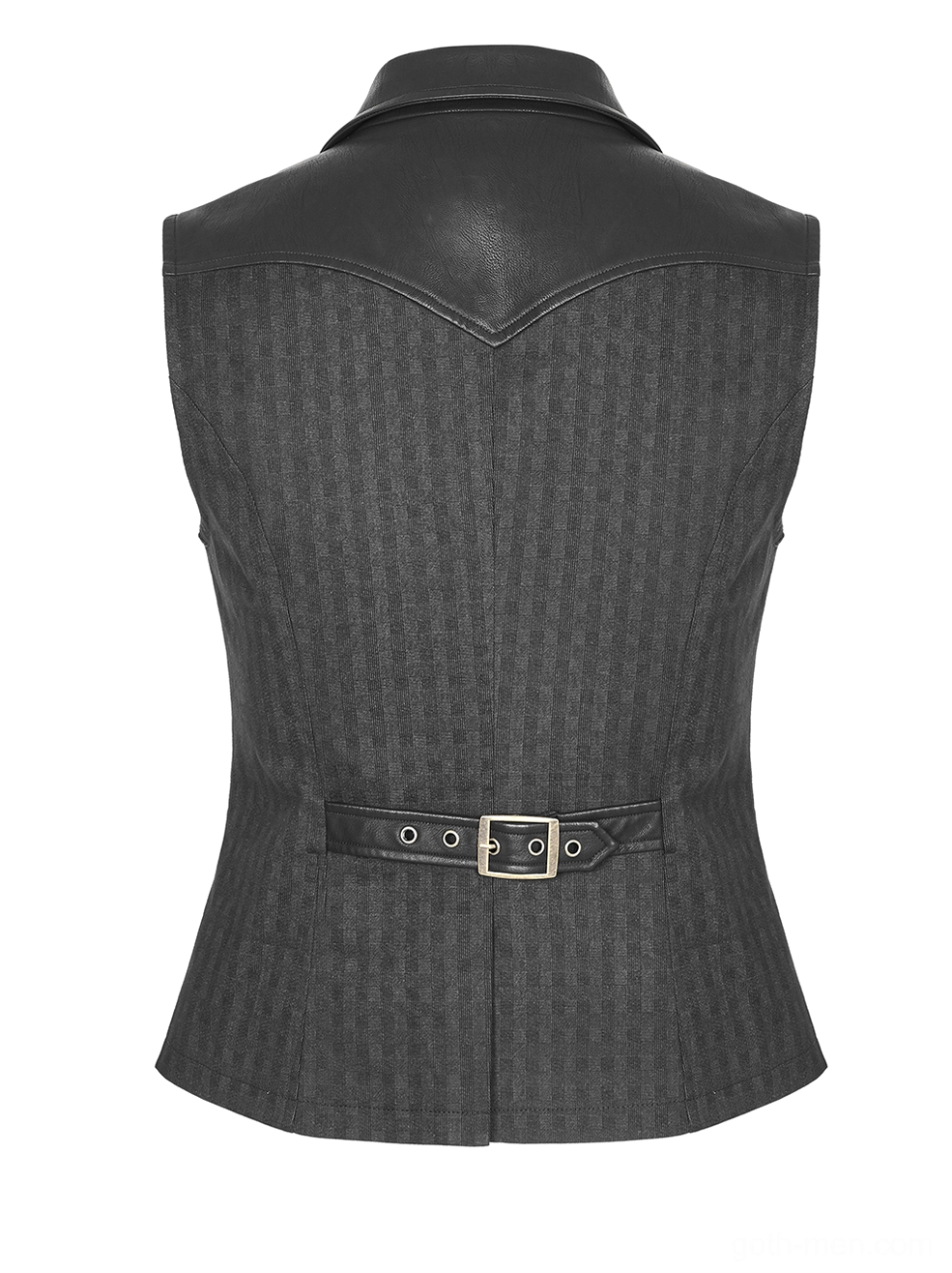 Black striped gothic waistcoat rear flat lay checked fabric PU yoke back waist adjustment belt