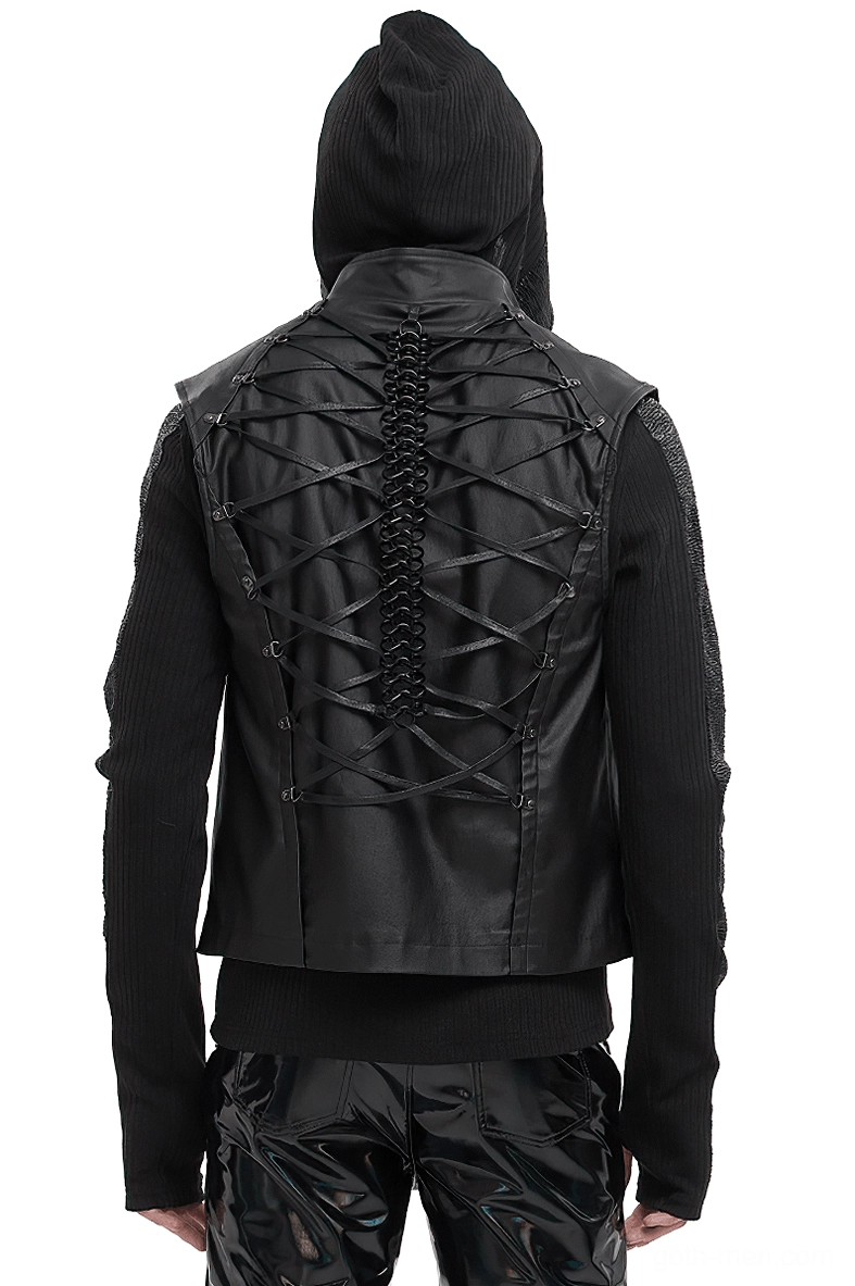 Back view of men's gothic waistcoat showing dramatic crisscross lace-up system and chain trim
