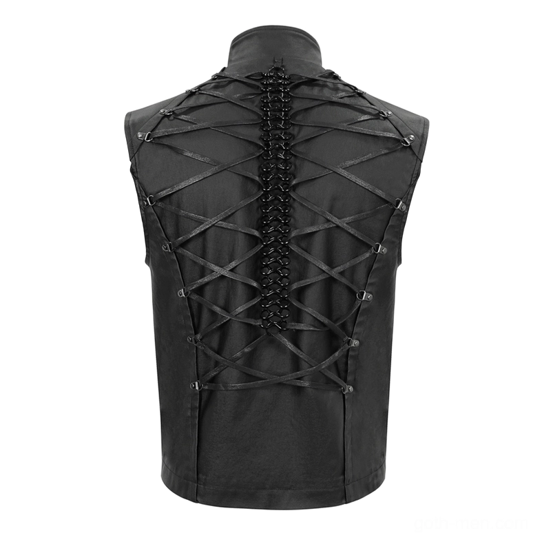 Back flat lay of gothic waistcoat with full crisscross lace-up system and faux leather construction