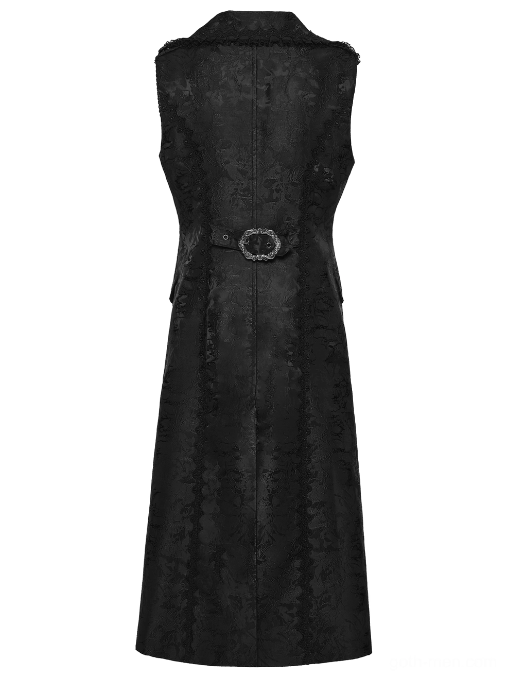 Gothic waistcoat back silhouette featuring long tailored length and jacquard pattern texture
