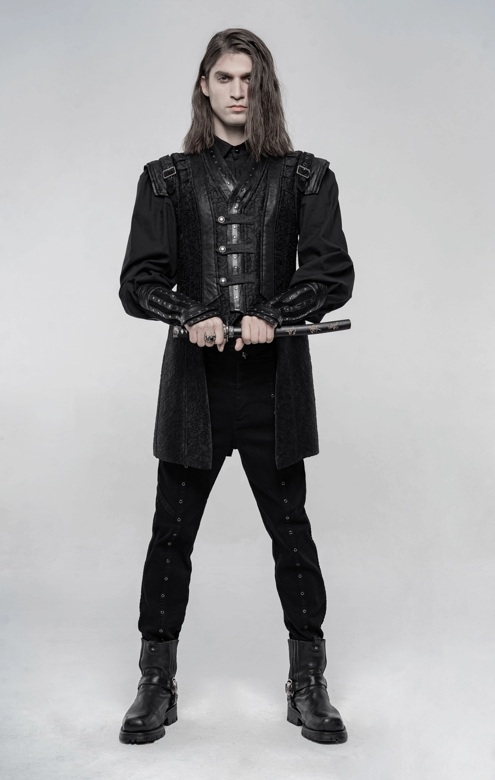 Black jacquard gothic waistcoat full length view demonstrating medium-length silhouette and structured design