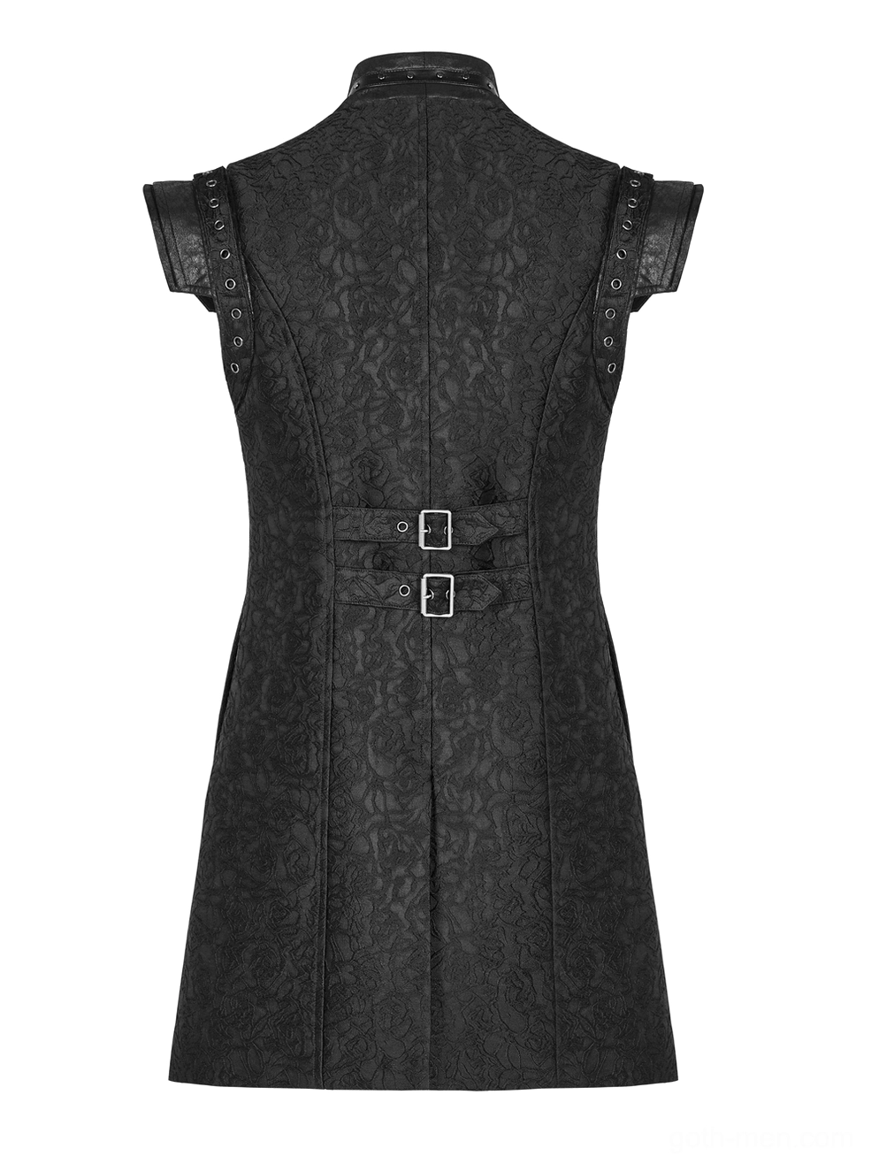 Black jacquard gothic waistcoat rear flat lay highlighting double back buckle straps and full jacquard back panel