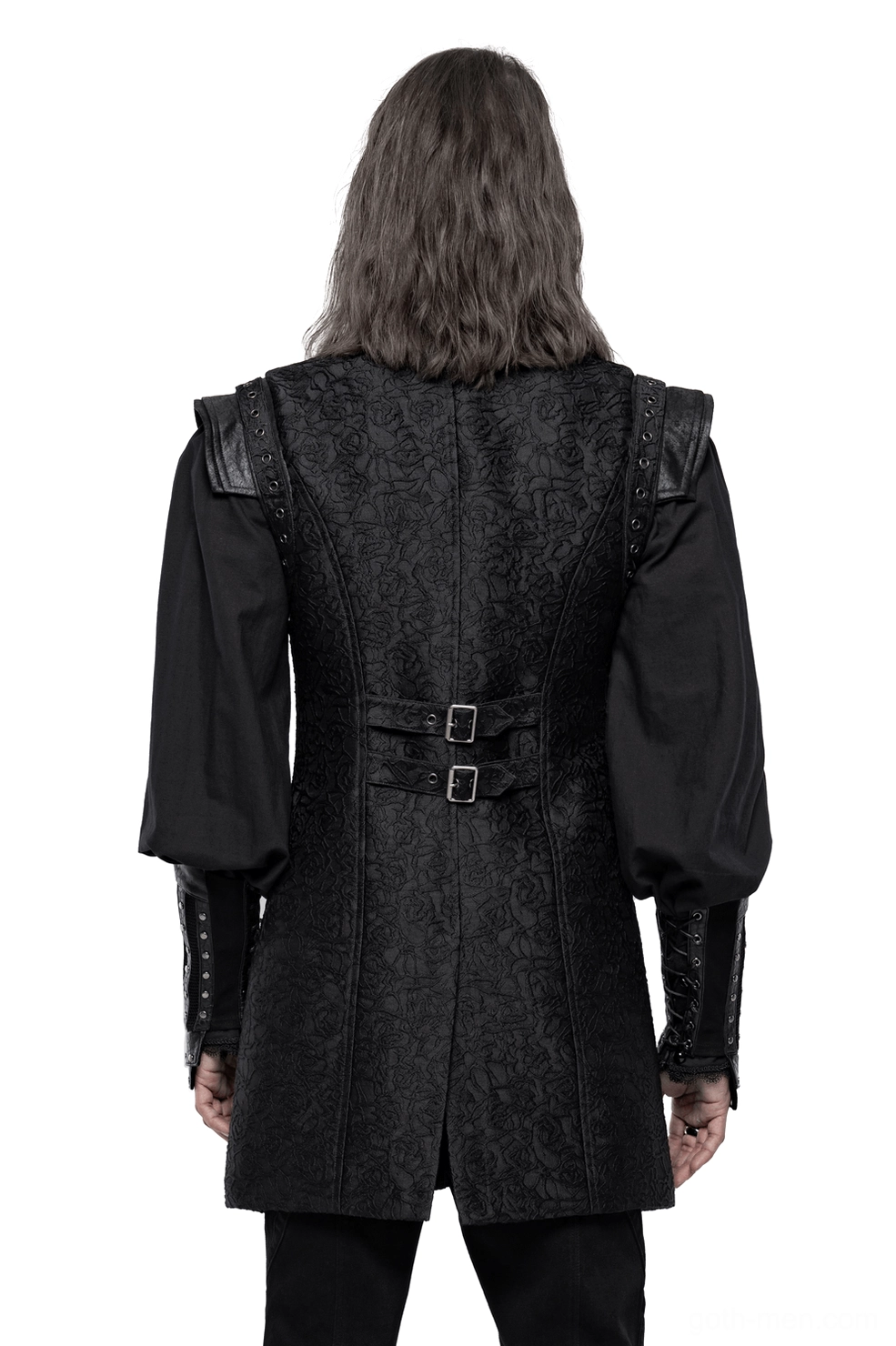 Black jacquard gothic waistcoat rear view displaying adjustable back buckles and three-dimensional woven texture