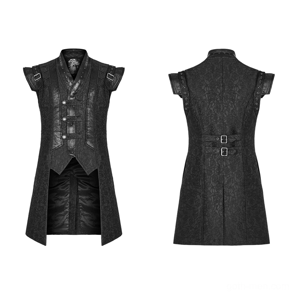 Black jacquard gothic waistcoat flat lay front and rear views showing stand collar, button placket, and back waist buckles