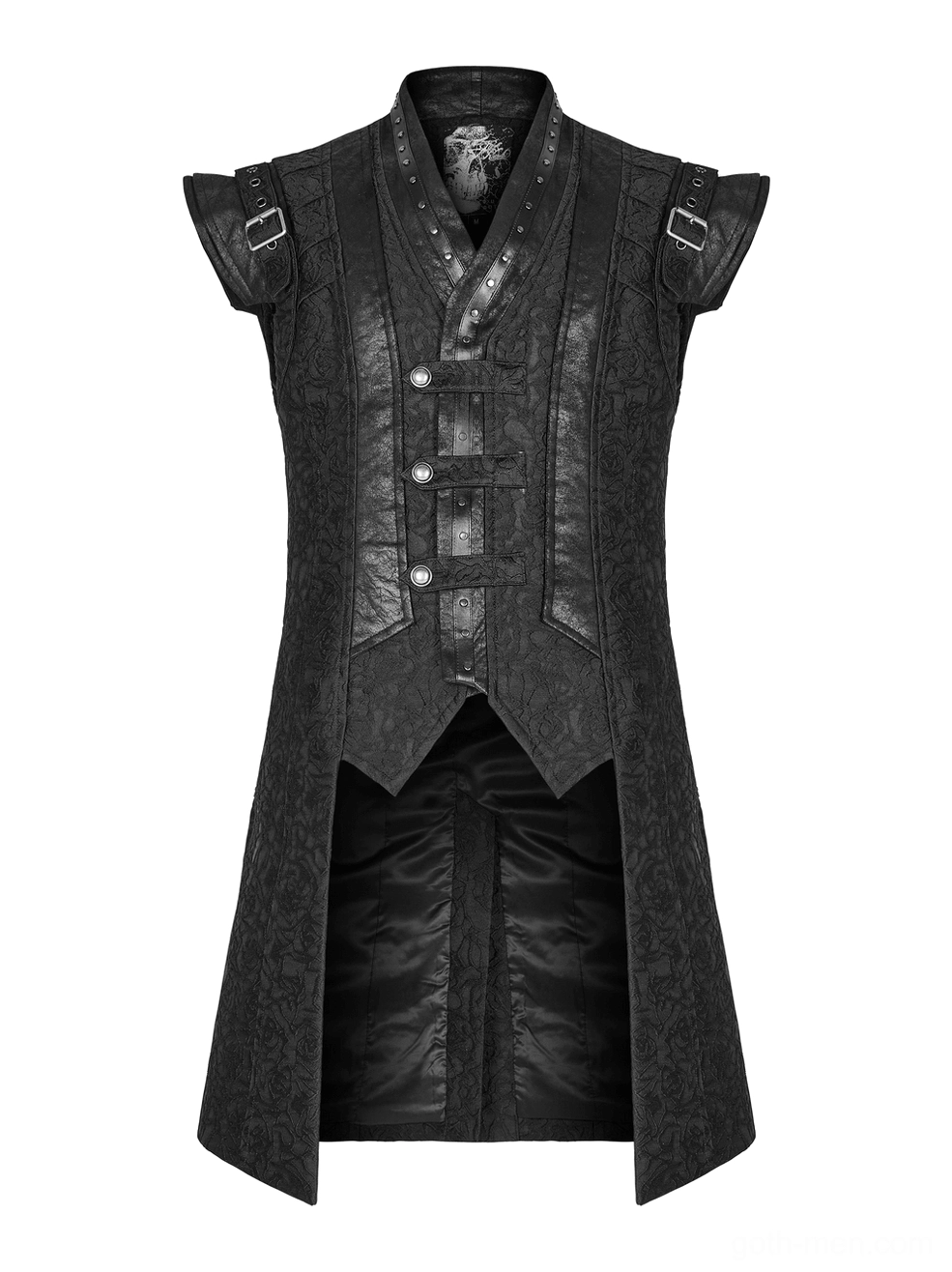 Black jacquard gothic waistcoat front flat lay displaying decorative shoulder straps, metal buttons, and intricate fabric pattern