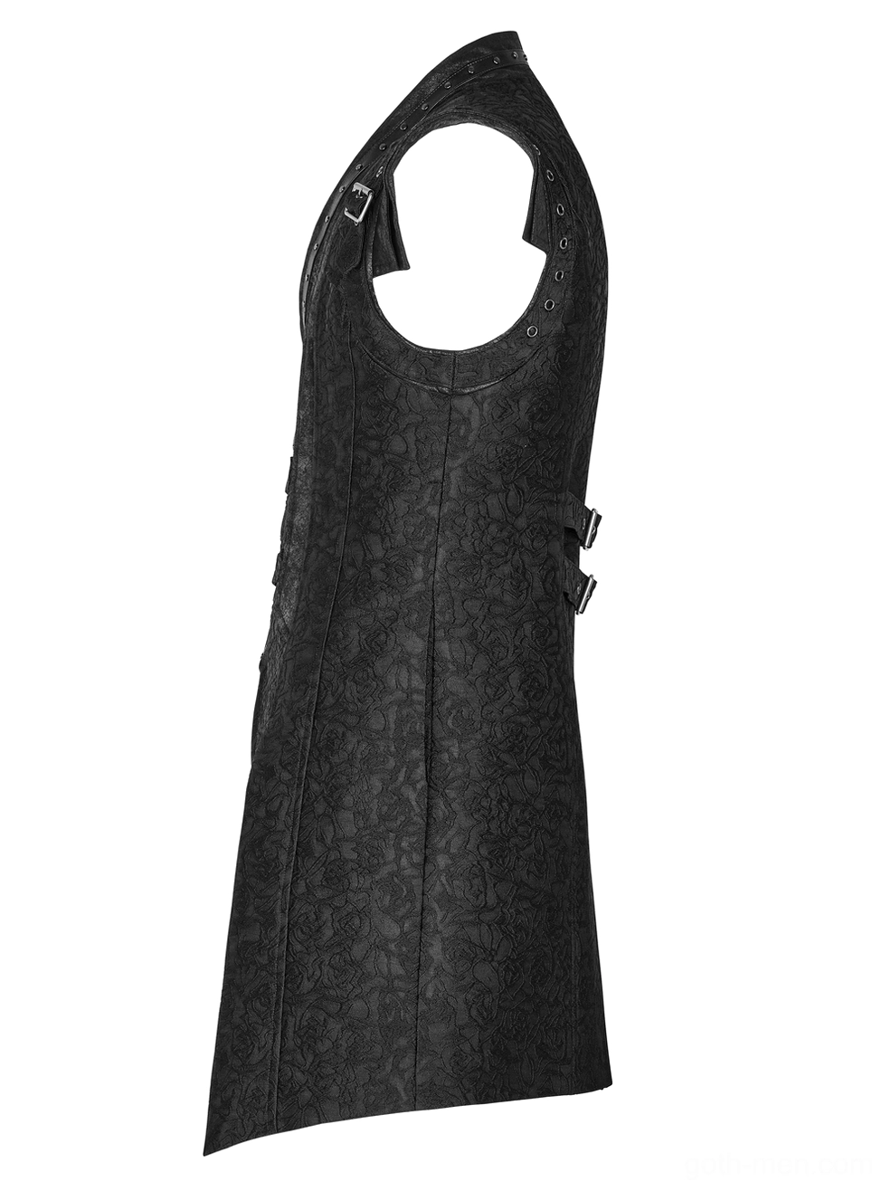 Black jacquard gothic waistcoat side flat lay showing cutout armholes and side adjustment buckles for customized fit