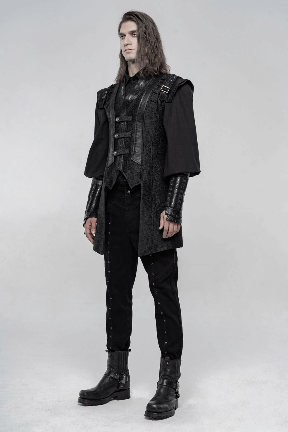 Black jacquard gothic waistcoat layered styling example for dark fashion and goth subculture occasions